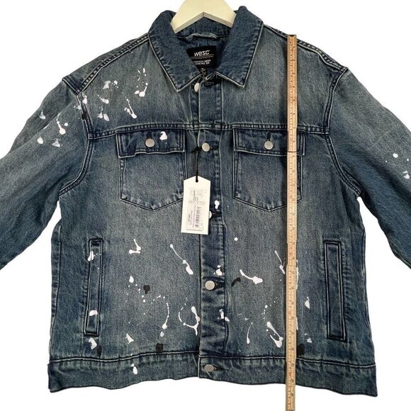 Men WeSC Classic Casual Jacket White Paint Splatter Blue Denim MSRP $220 - Picture 7 of 15